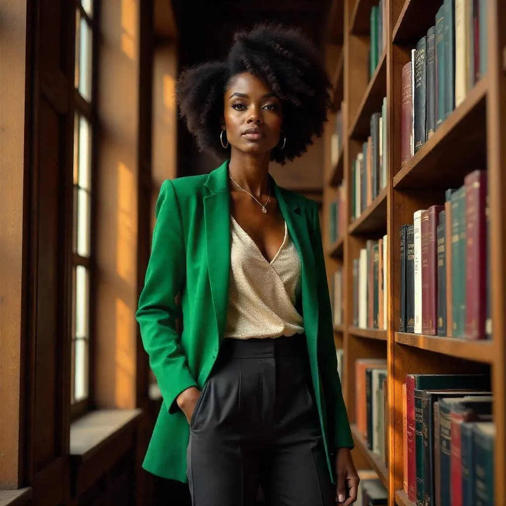 Stylish Black Woman in a Photorealistic Library