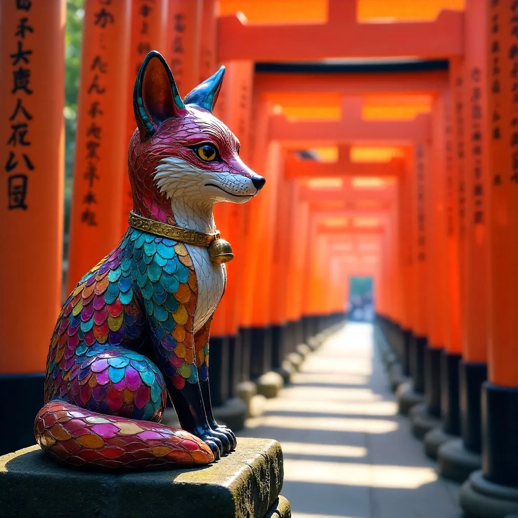 Colorful Fox Statue among Torii Gates at Fushimi Inari, Kyoto