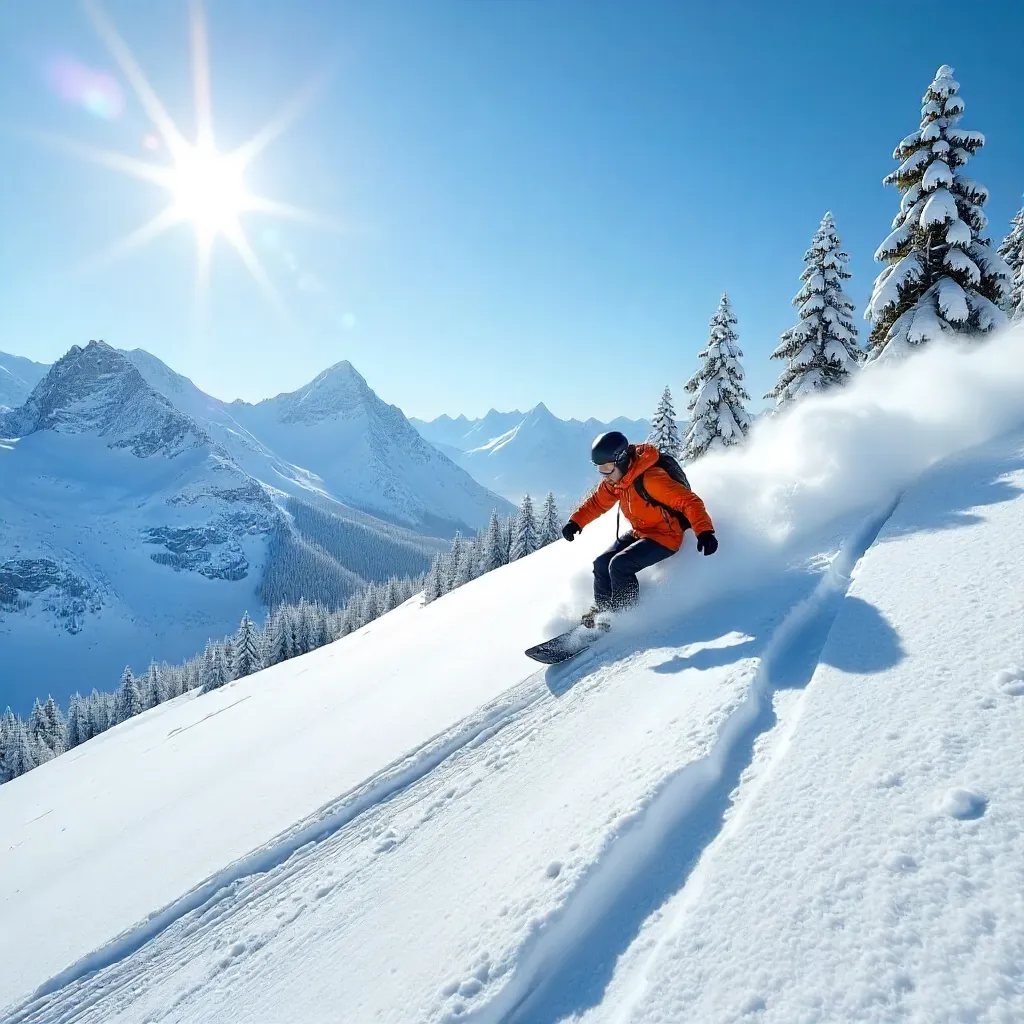 Solitary Snowboarder Descends a Vast Alpine Slope