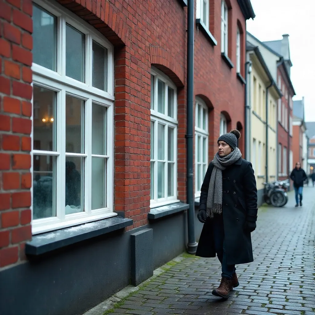 Lone Pedestrian by a Red Copenhagen Facade in Winter