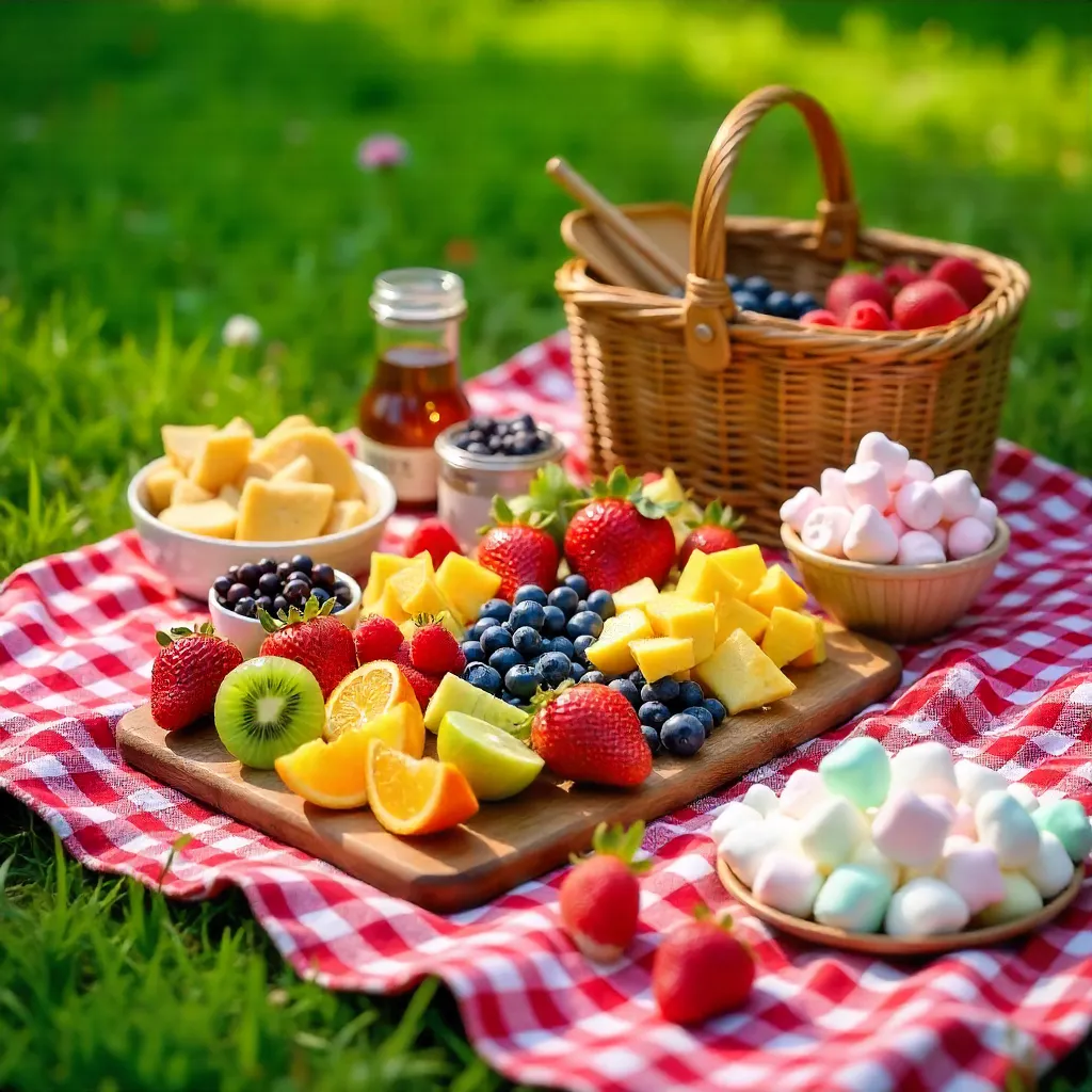 Top-Down Picnic: Fruits, Snacks, and Marshmallows