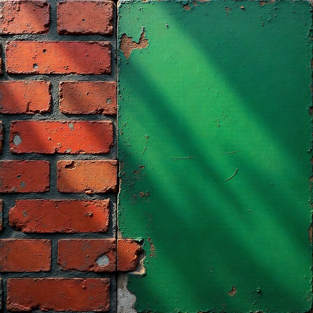 Striking Red Brick Wall with Green Accent Background