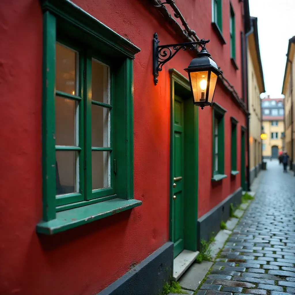 Vibrant Red Wall with Green Windows in Stockholm