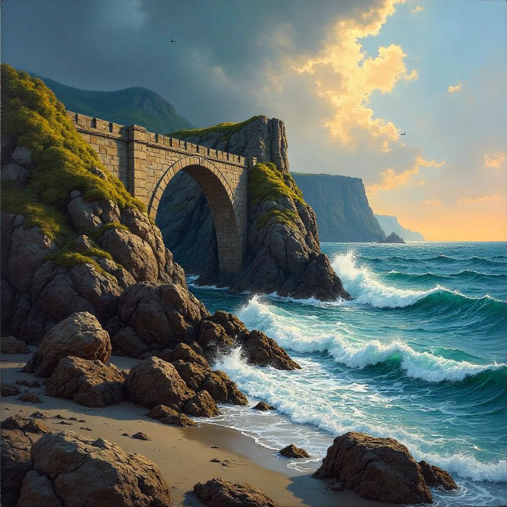 Oil Painting of a Bridge on a Rocky Outcrop