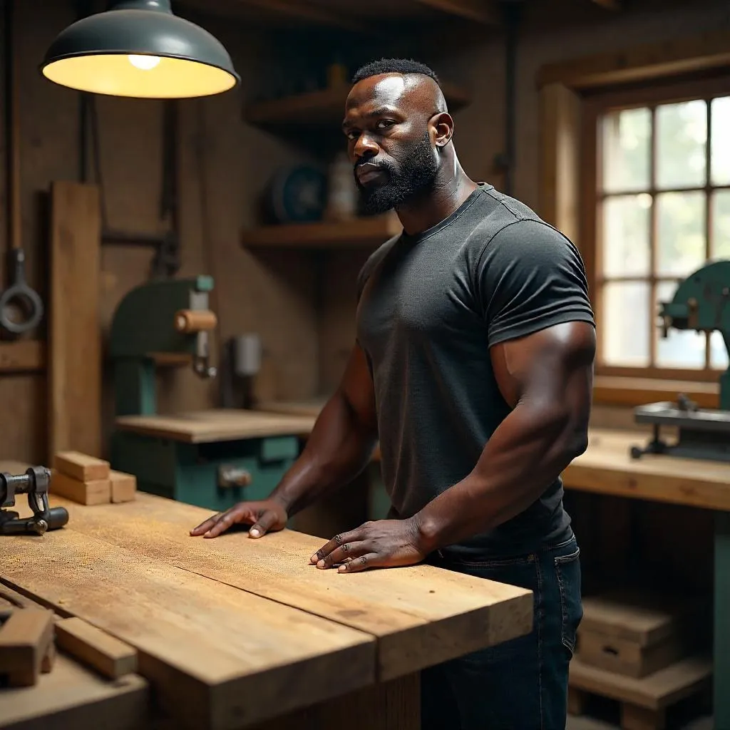 Photorealistic Strong Black Man in a Workshop