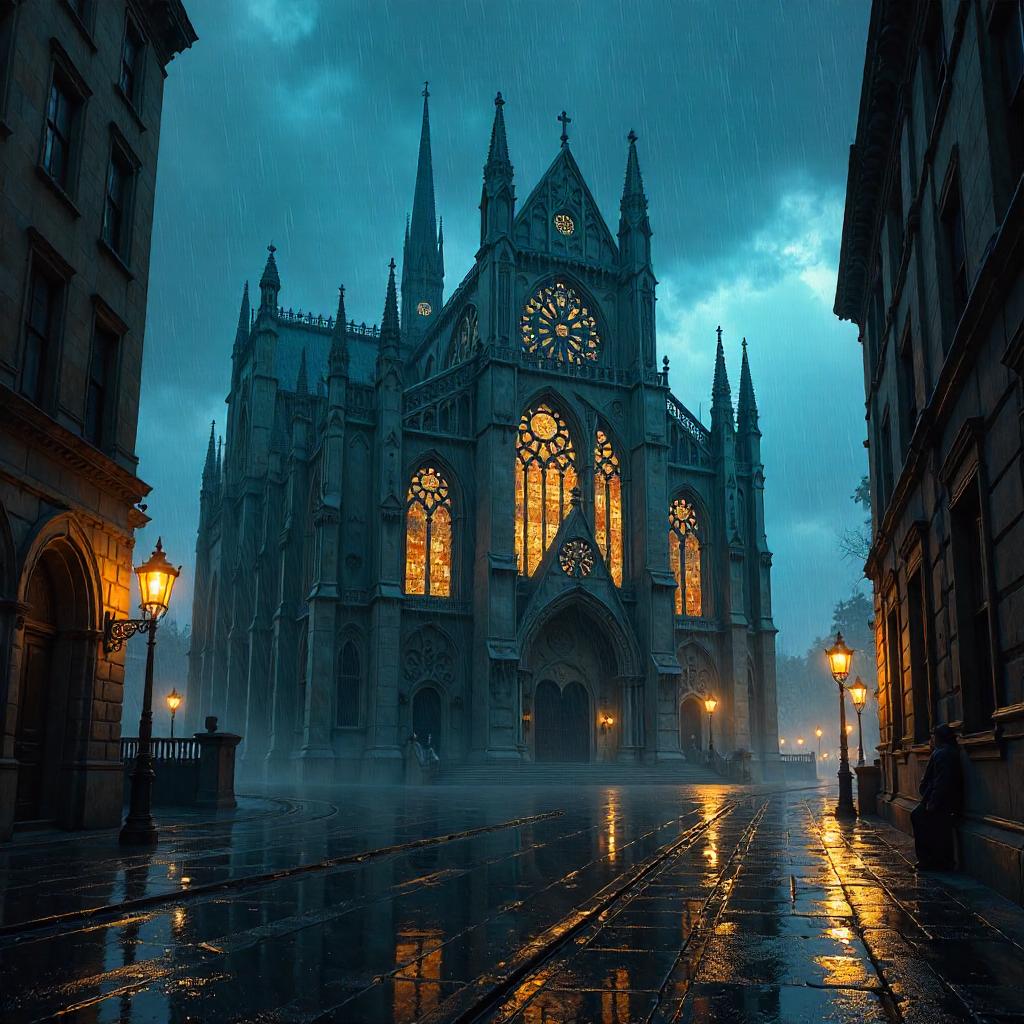 Nocturnal Cathedral in Heavy Rain