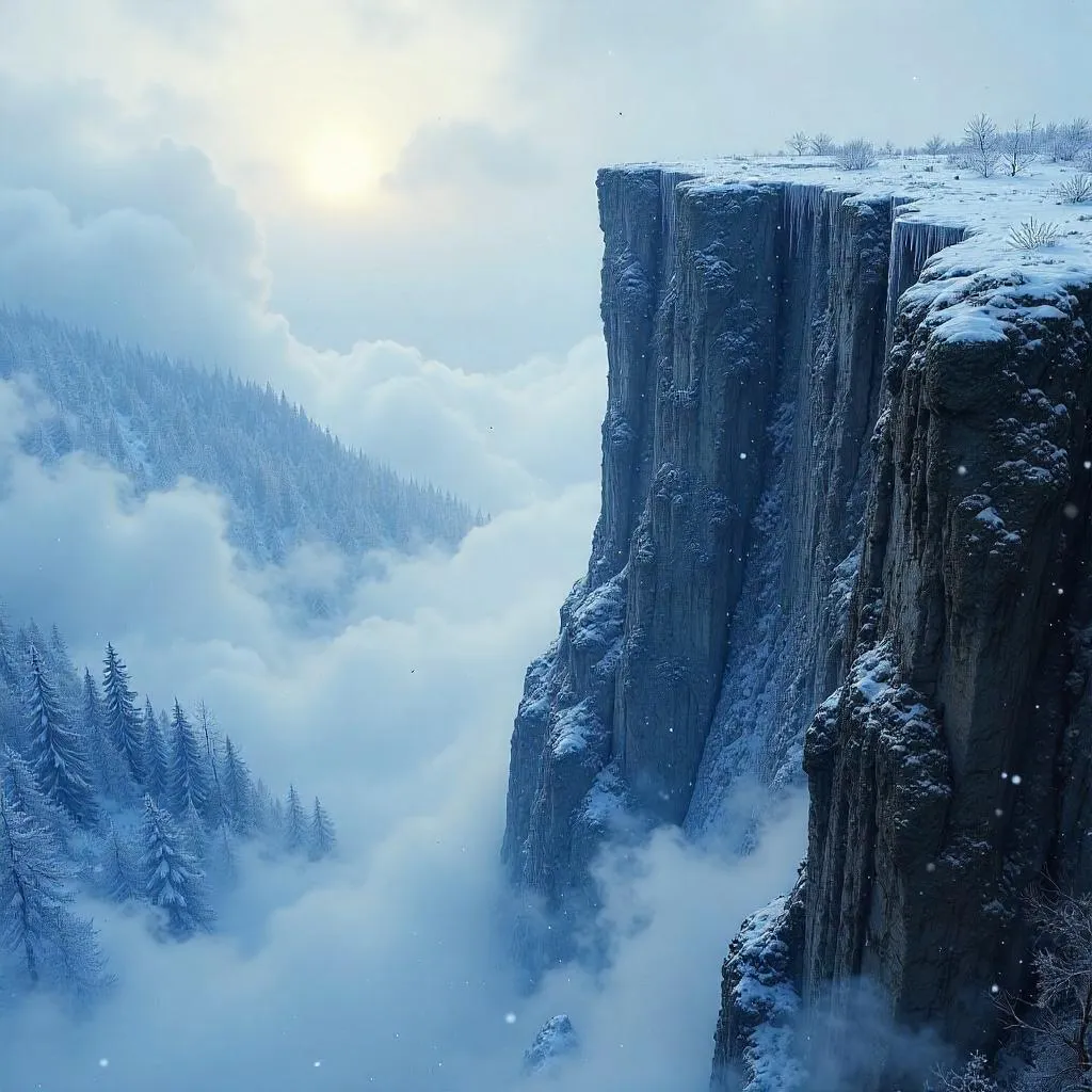 Photorealistic cliff in a raging blizzard