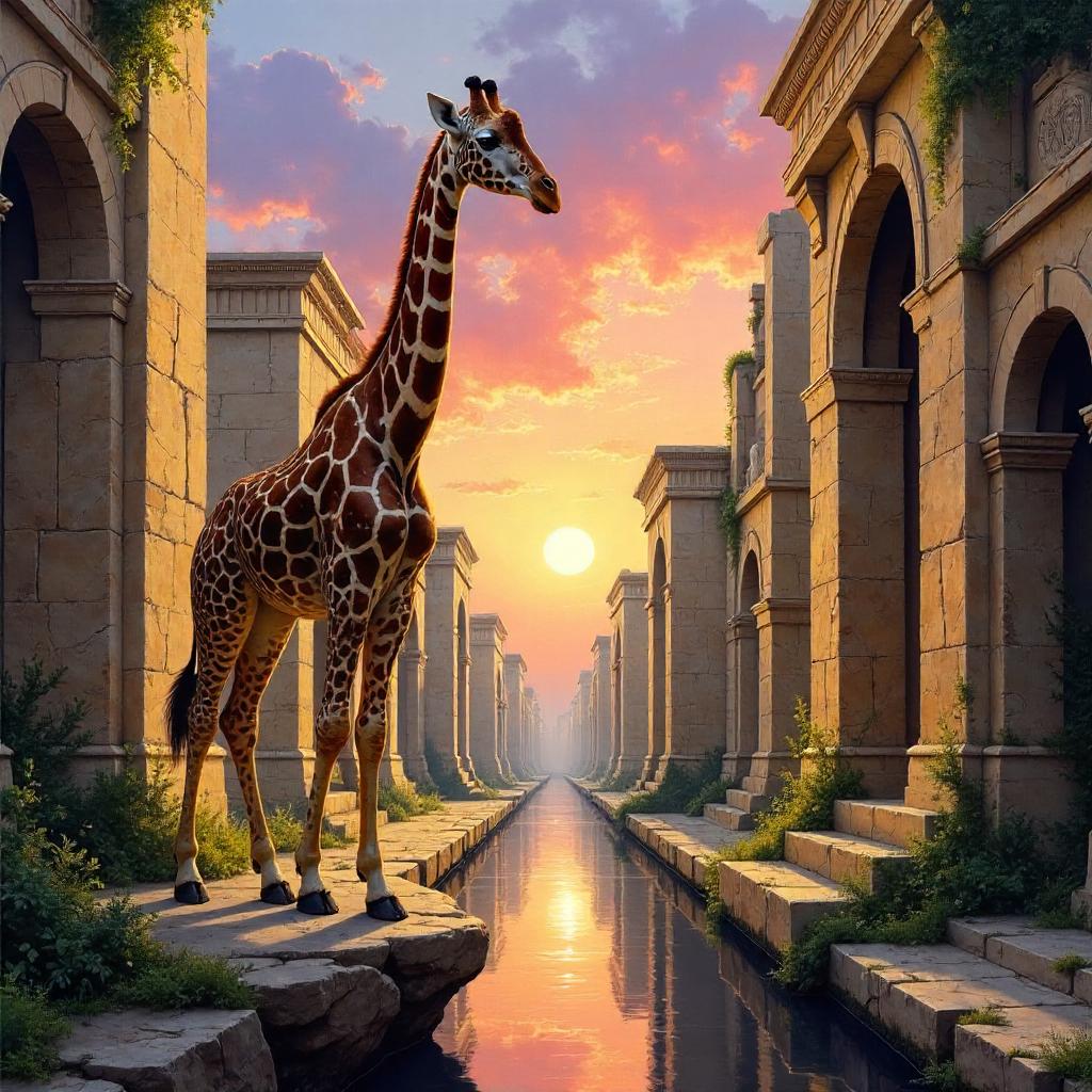 Giraffe Among Ruins: An Oil Painting