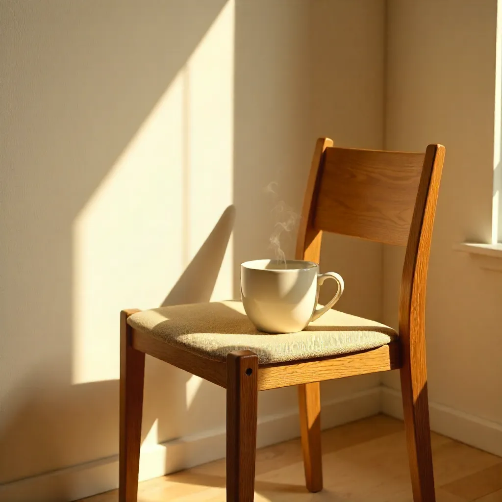 Warm Morning Coffee on a Minimalist Wooden Chair