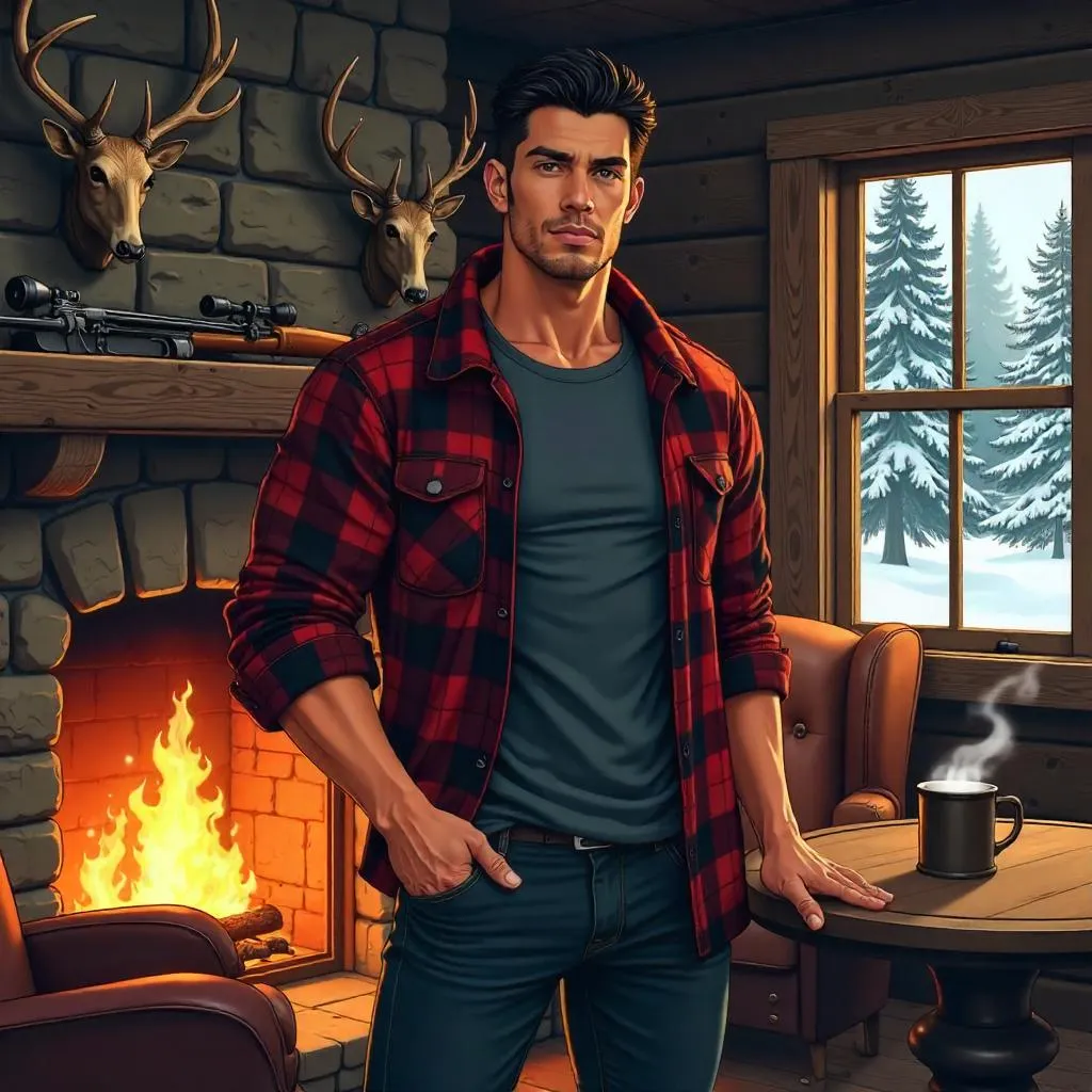 Anime-Style Athletic Latino Man in a Hunting Lodge