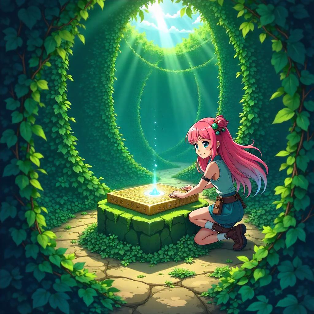 Ancient Artifact Hidden in a Hedge Maze (Anime Style)