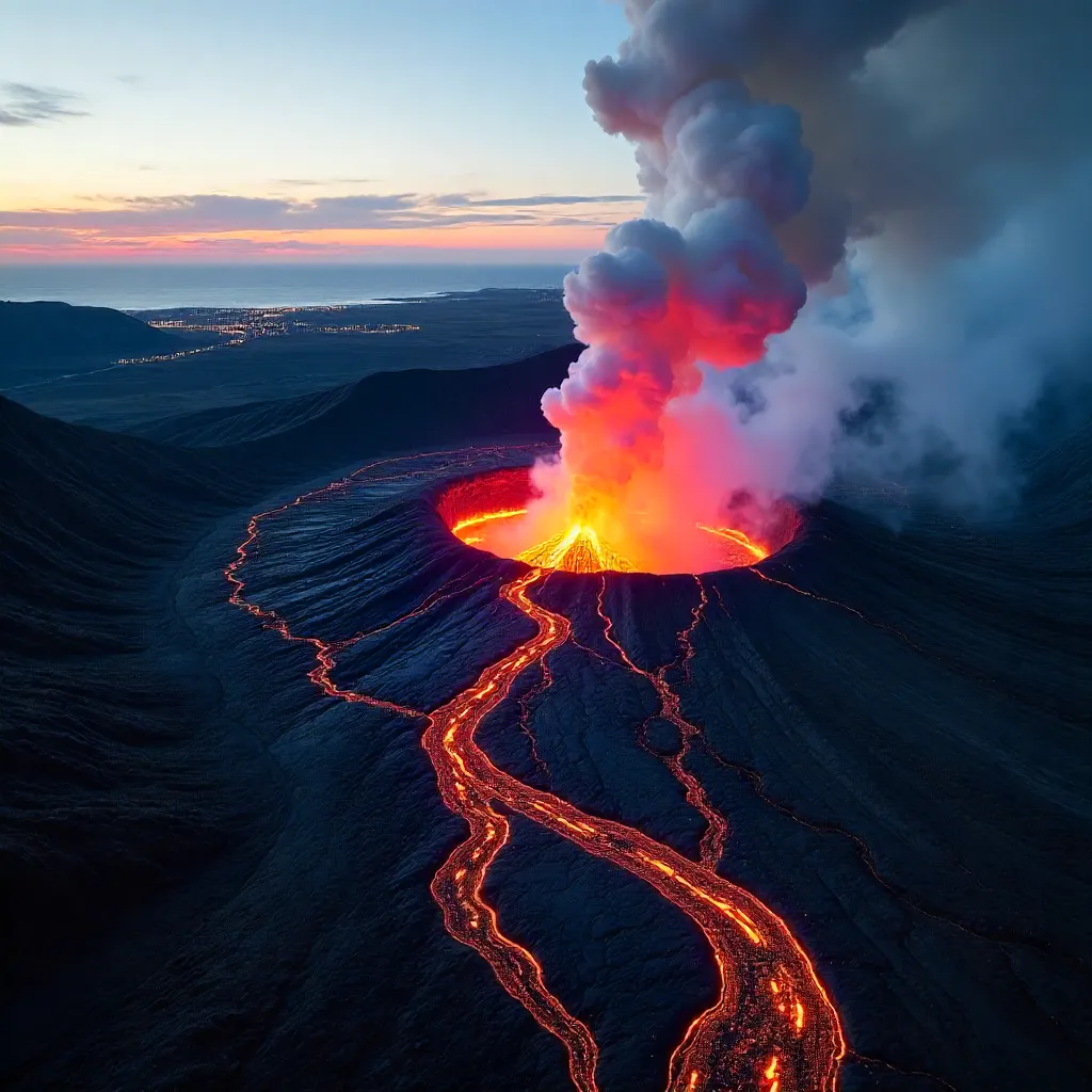 Aerial Inferno Over Grindavík: Lava Flows, Iceland