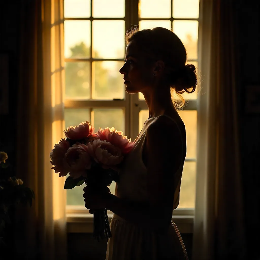 Backlit Silhouette: Woman with Peonies by Window