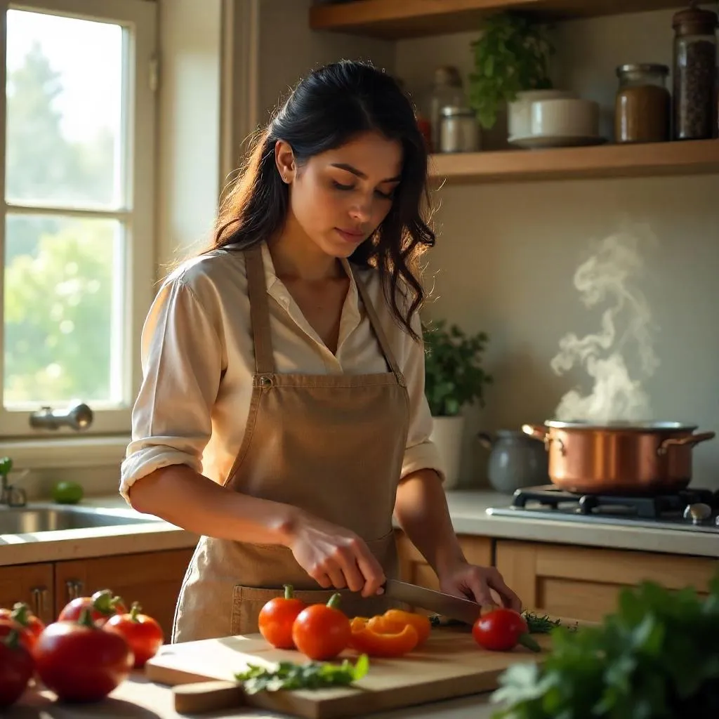 Photorealistic Latina Woman Cooking in Sunlit Kitchen