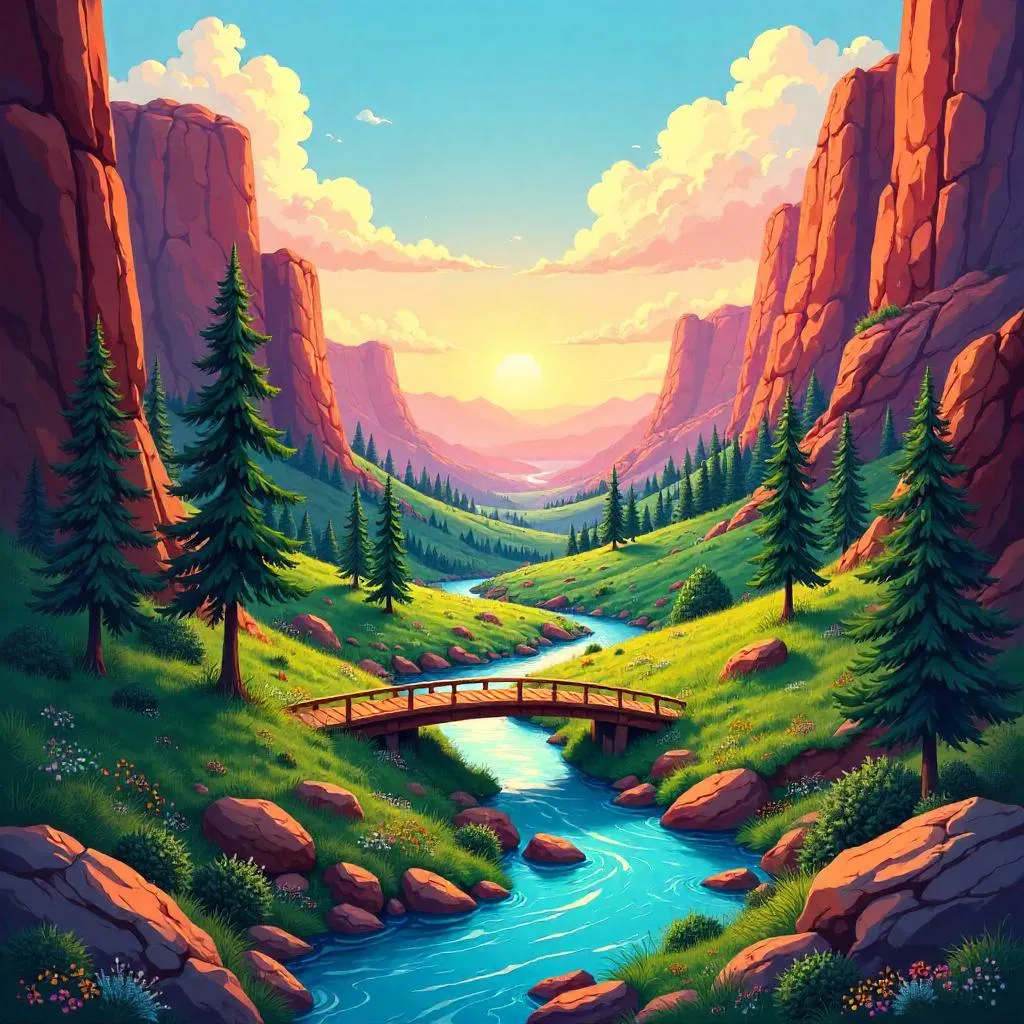 Valley Between Red Mesa Peaks — Anime Landscape