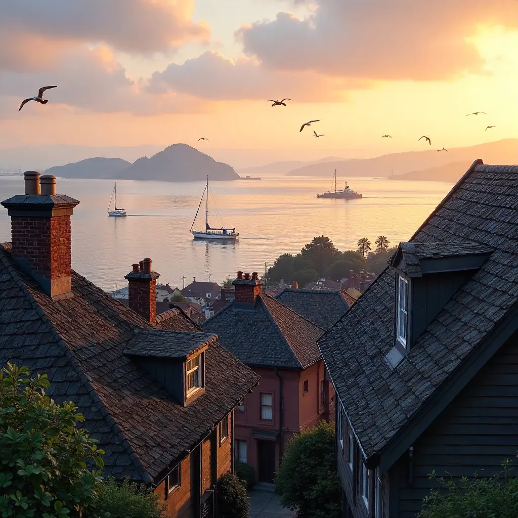 Rustic Rooftops Over SF Bay at Golden Hour