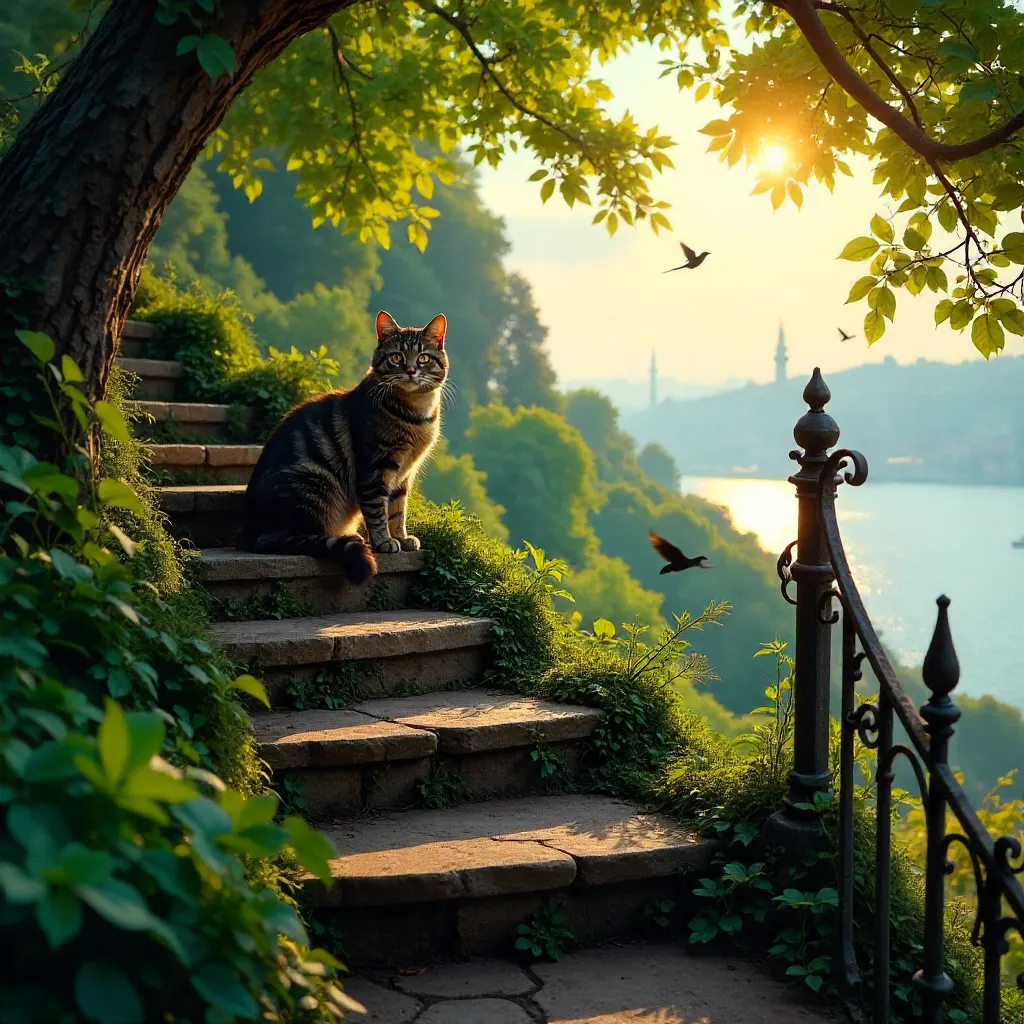 Tranquil Cat on a Bosphorus Stairway in Fethipaşa Korusu