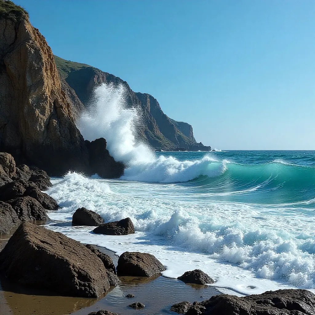 Crashing Waves on a Rugged Rocky Coast