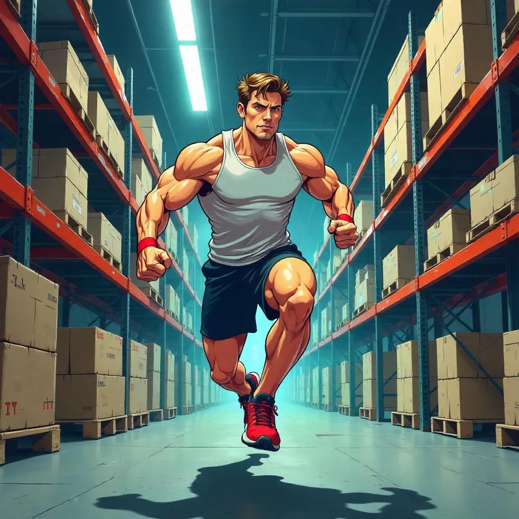 Cartoon Athlete in a Warehouse