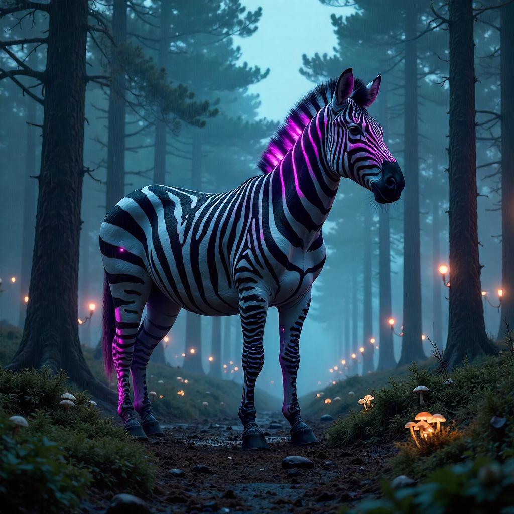 Neon Zebra in a Pine Forest: Cyberpunk Night
