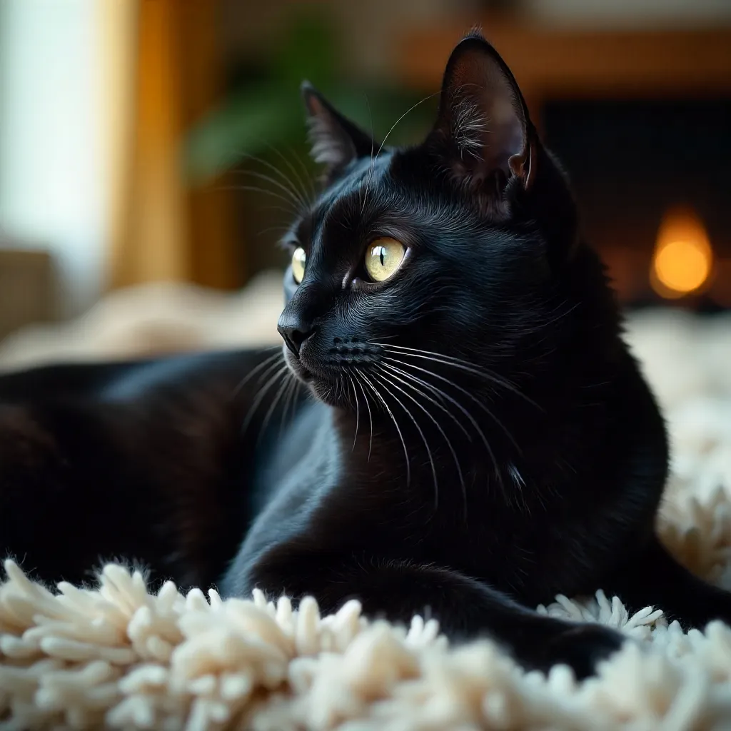 Close-Up Black Cat Lounging on Soft Rug