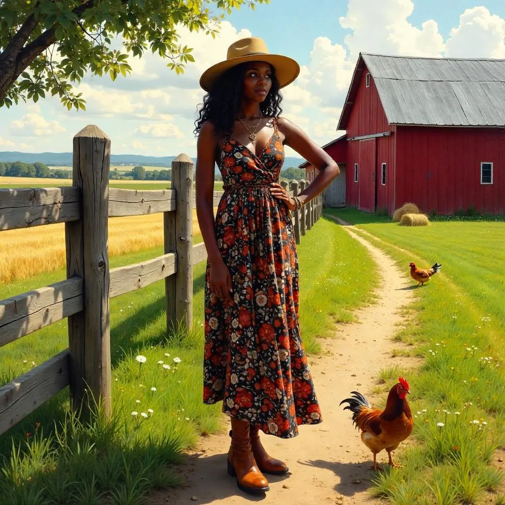 Stylish Black Woman on a Farm in Oil Painting