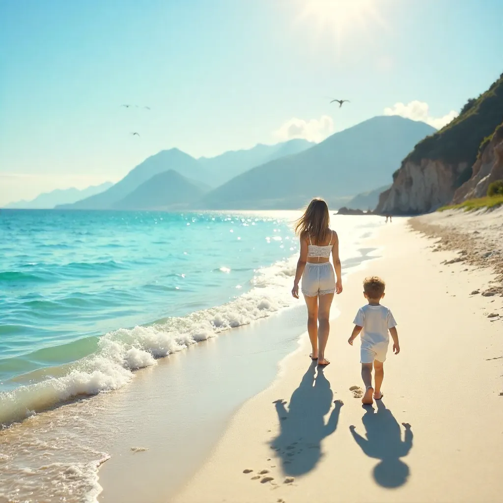 Child Walking Along Serene Beach with Mountain Backdrop
