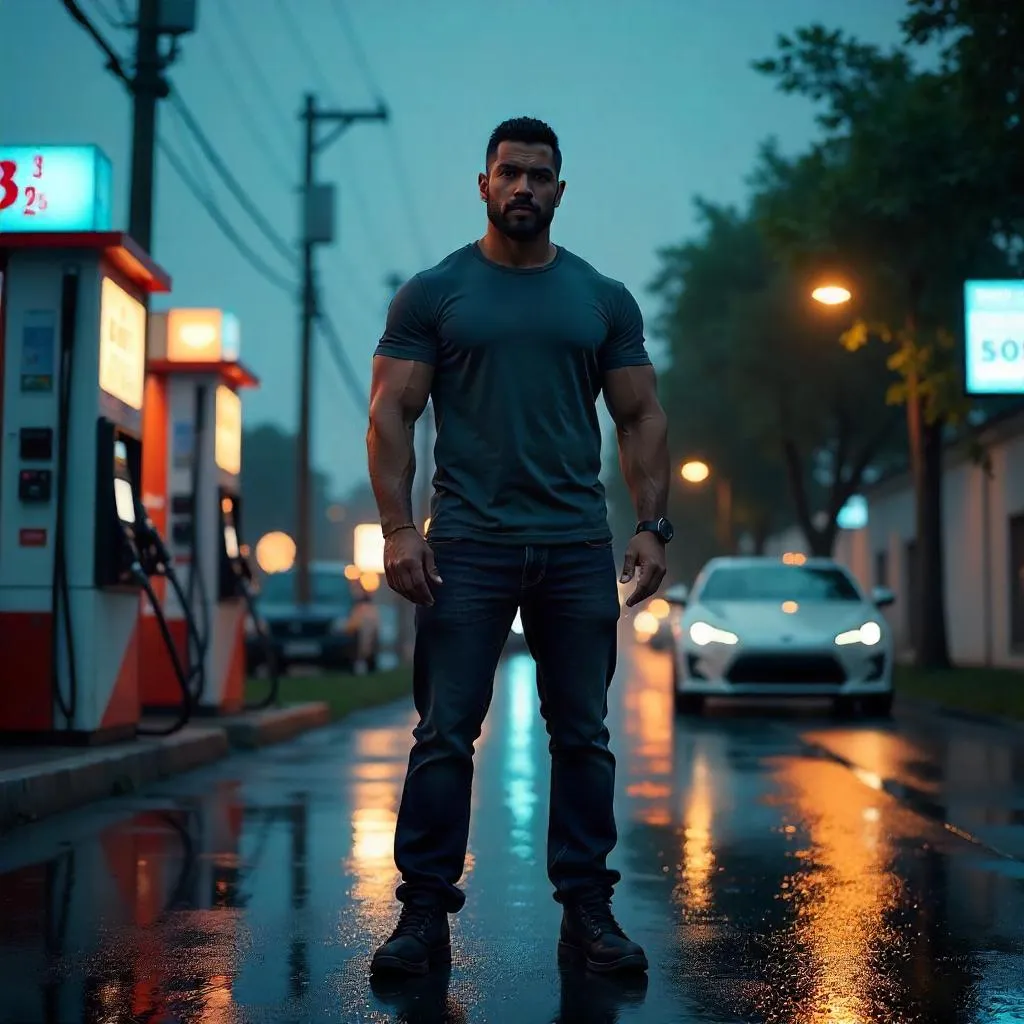 Strong Asian Man at a Neon Gas Station