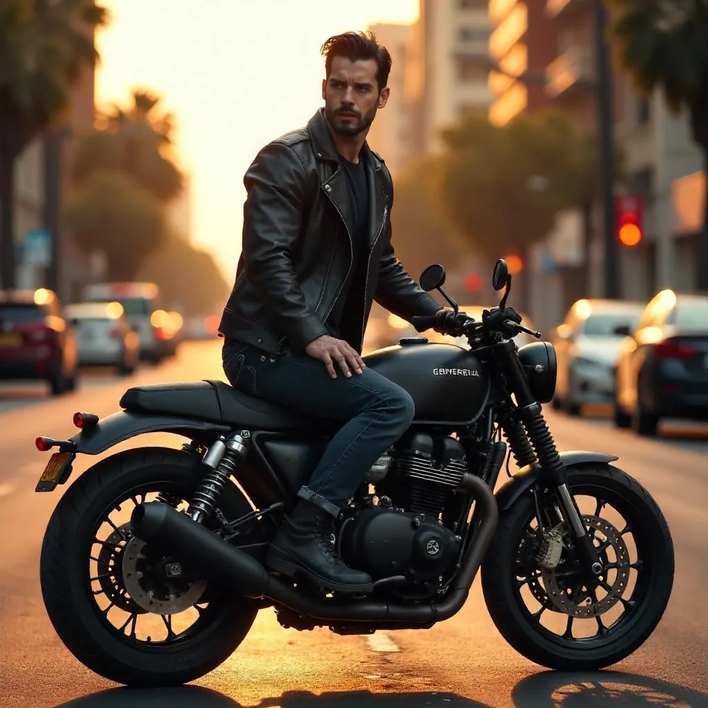 Photorealistic Strong Latino Rider on Motorcycle