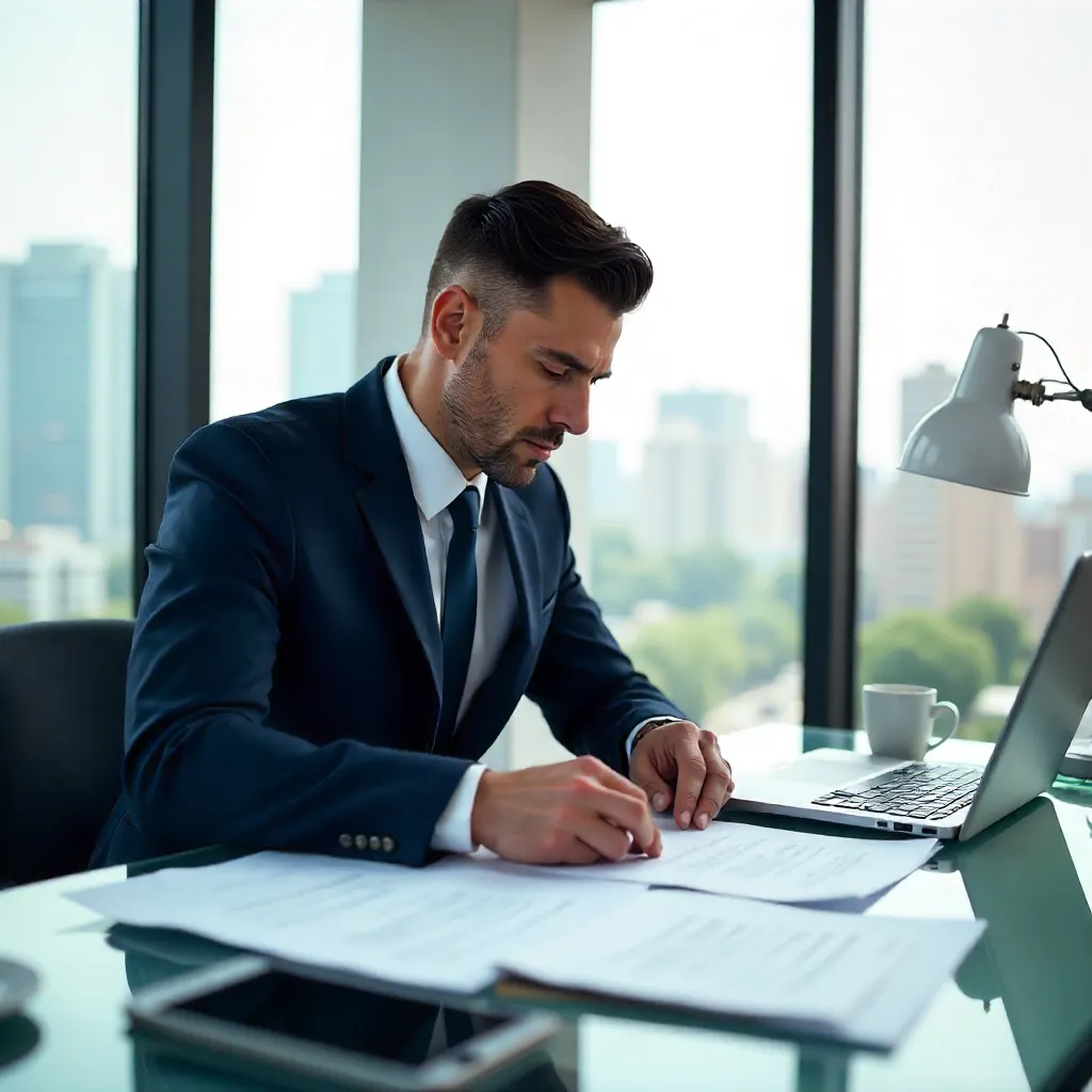 Focused Businessman Reviewing Documents in Office