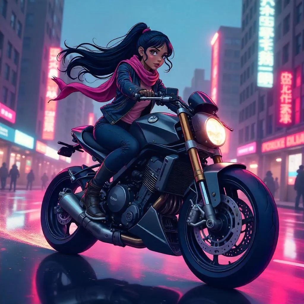 Rider Queen: Anime-Style Black Girl on a Motorcycle