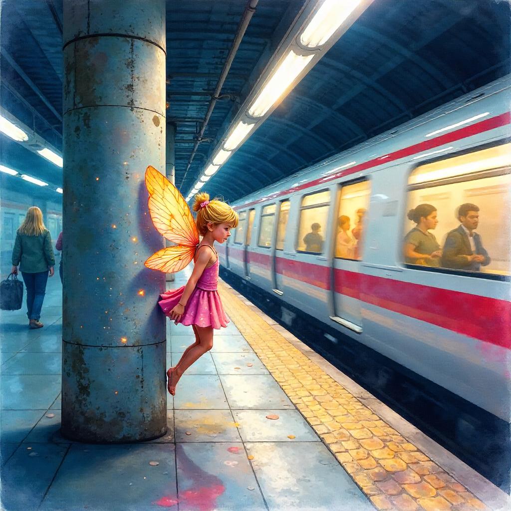 Pixie in the Subway: A Watercolor Dream