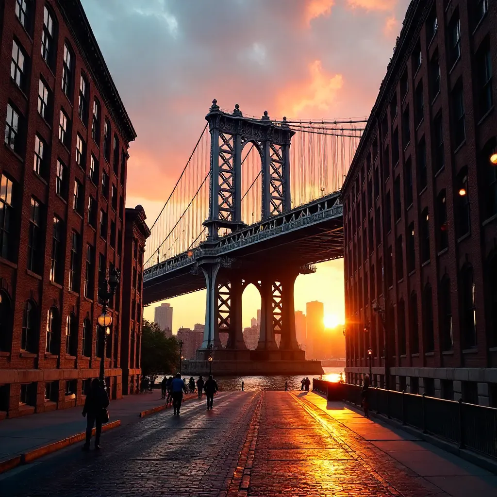 Sunset over Manhattan Bridge Framed by Brooklyn Skyscrapers