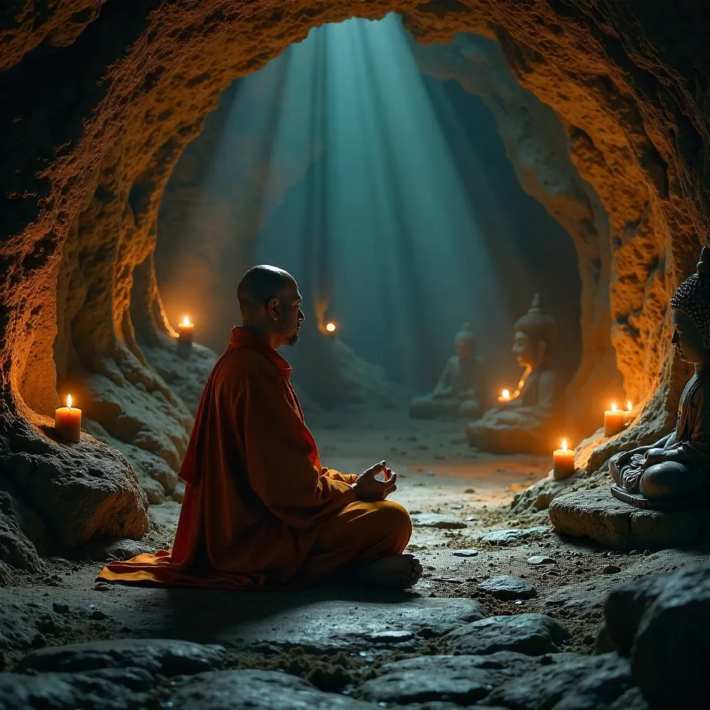 Monk Meditating in a Candlelit Cave Temple