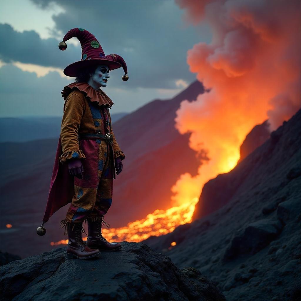 Photoreal Jester at a Safe Distance from Lava Flow