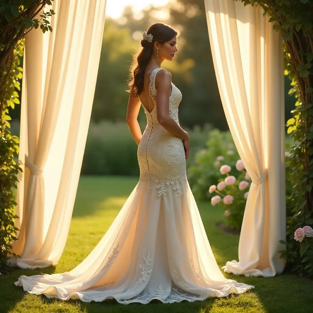 Sunlit Lace Bride Outdoors with Flowing Curtains