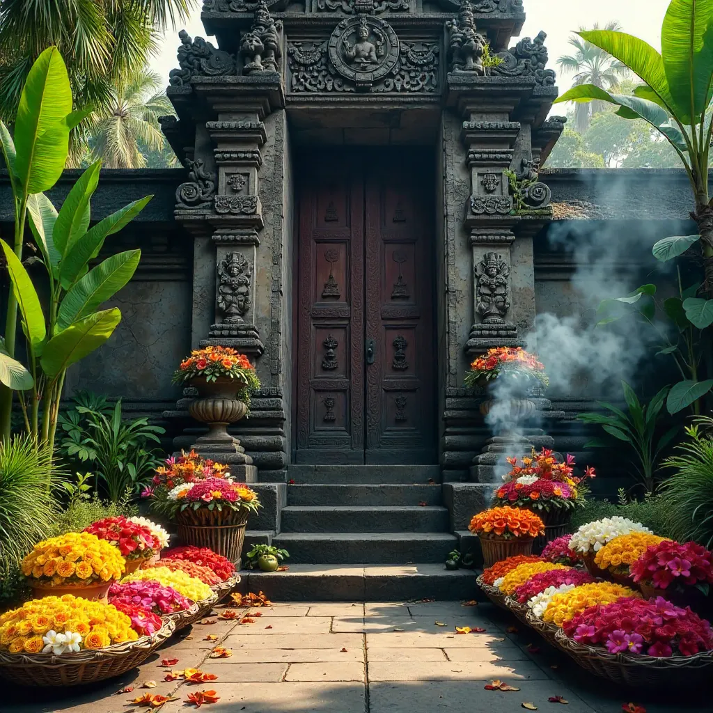 Guardian Gate of a Balinese Temple with Floral Offerings