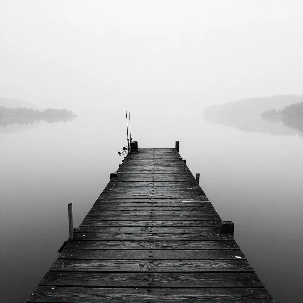 Calm Black-and-White Fishing Platform Reflection