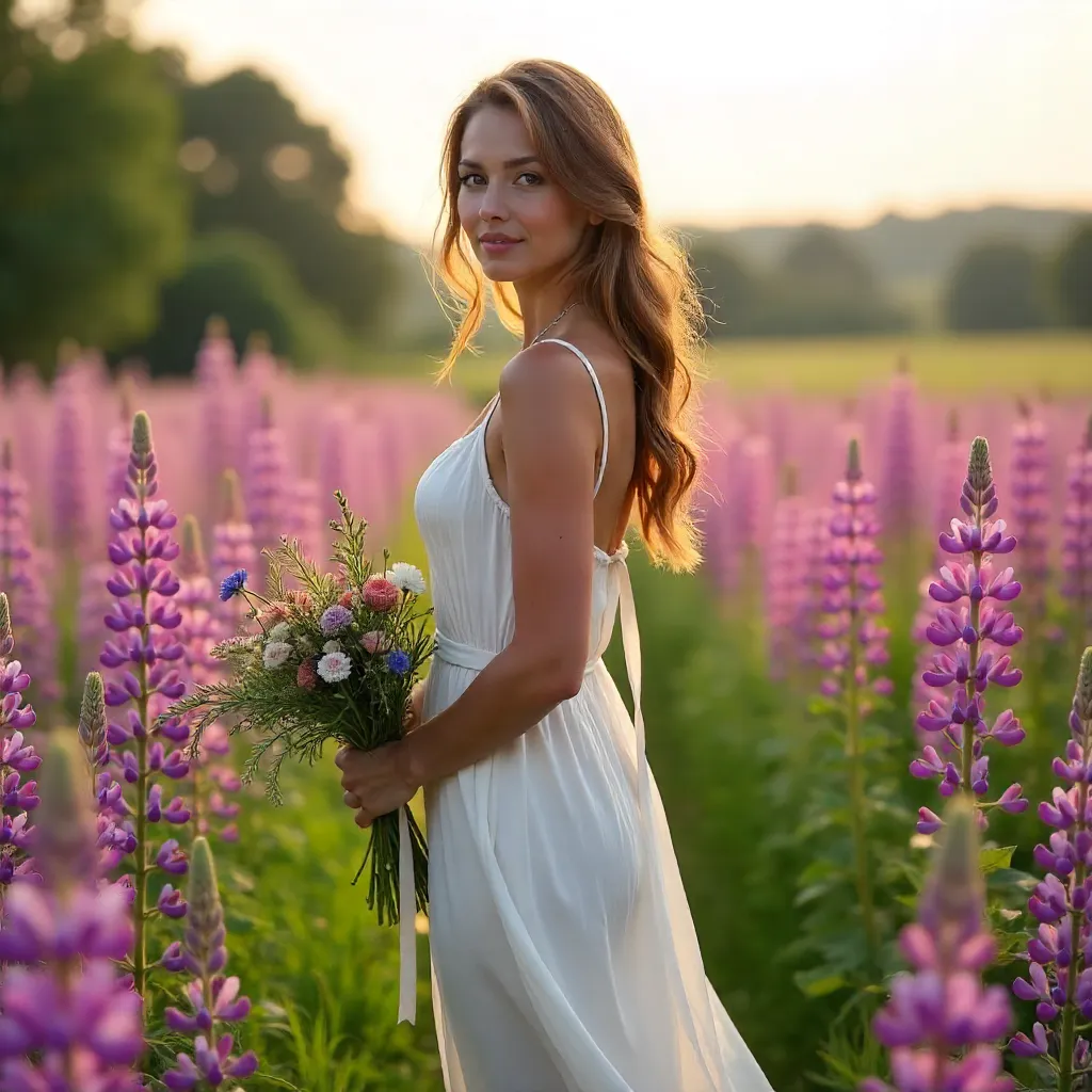 Whispering Lupine Field: White Dress and Bouquet