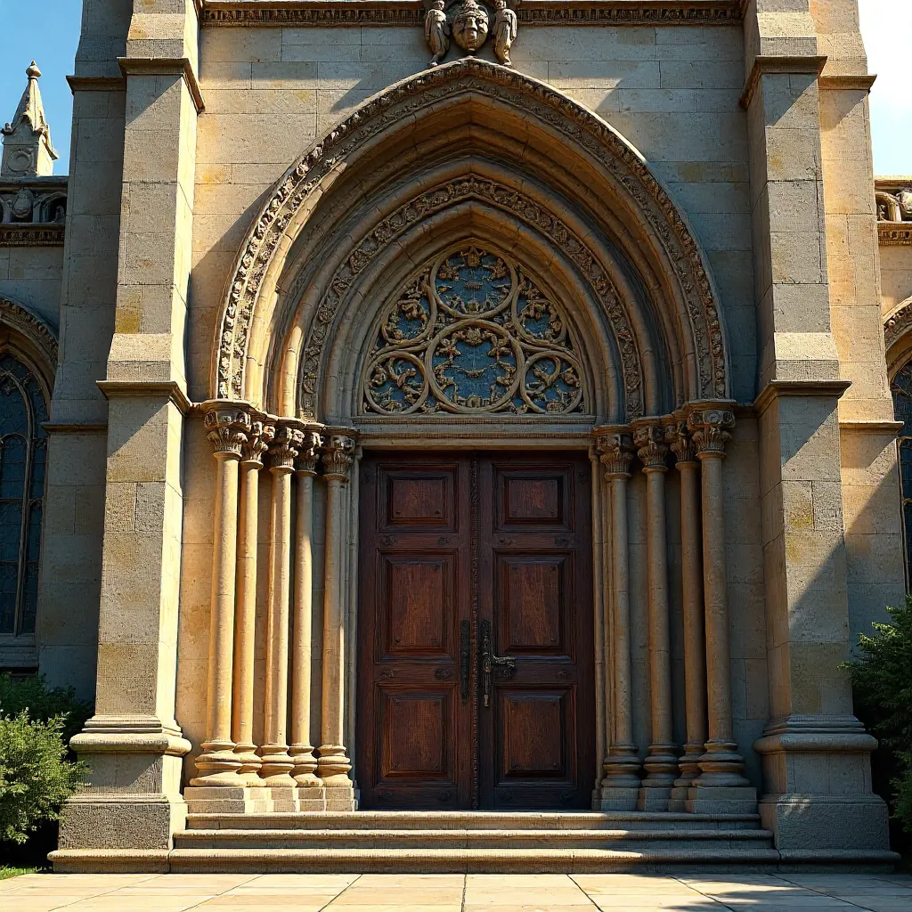 Sunlit Gothic Door and Archway with Intricate Sculptures
