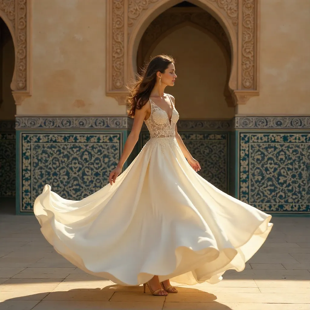 Blurred Bride Twirls Before Moroccan Wall