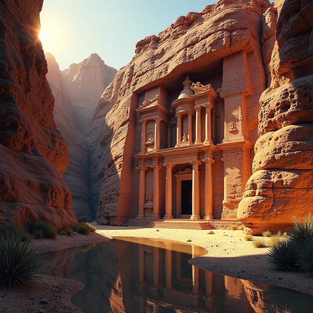 Temple Carved into Desert Canyon at Sunset