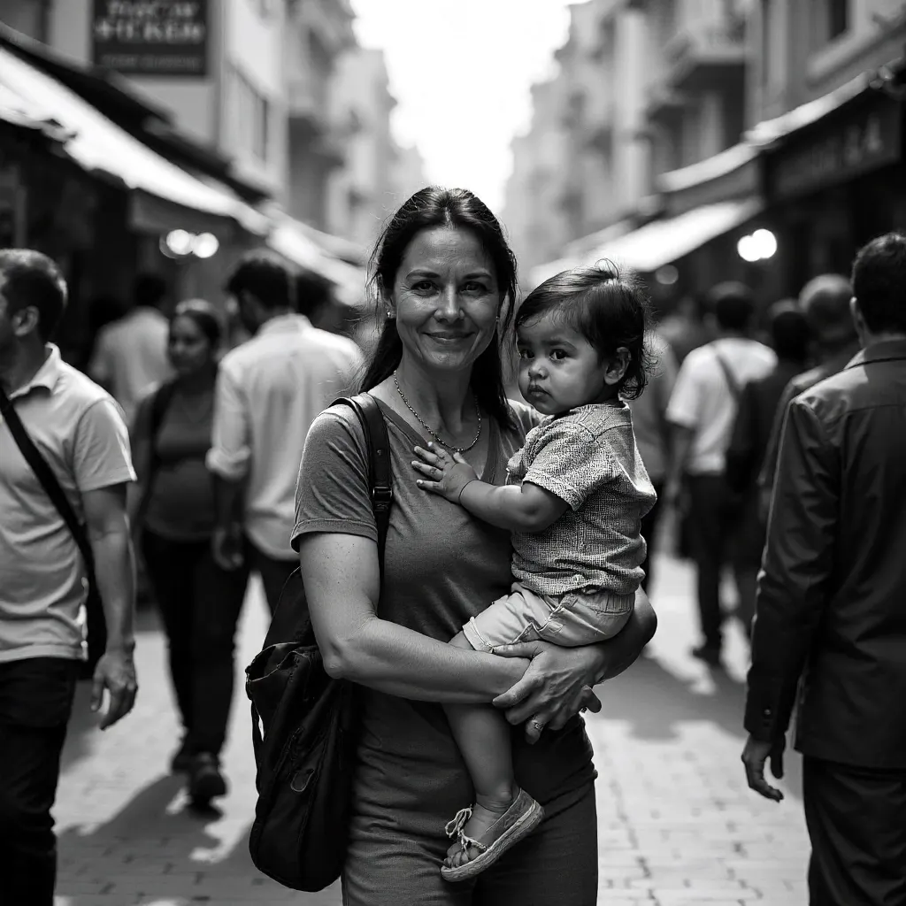 Mother Carrying Child Through Busy Monochrome Street