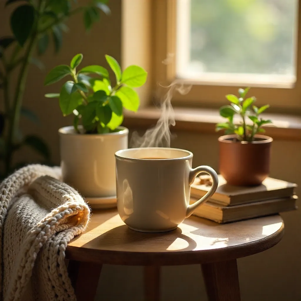 Warm Coffee With Plant and Books on a Small Table