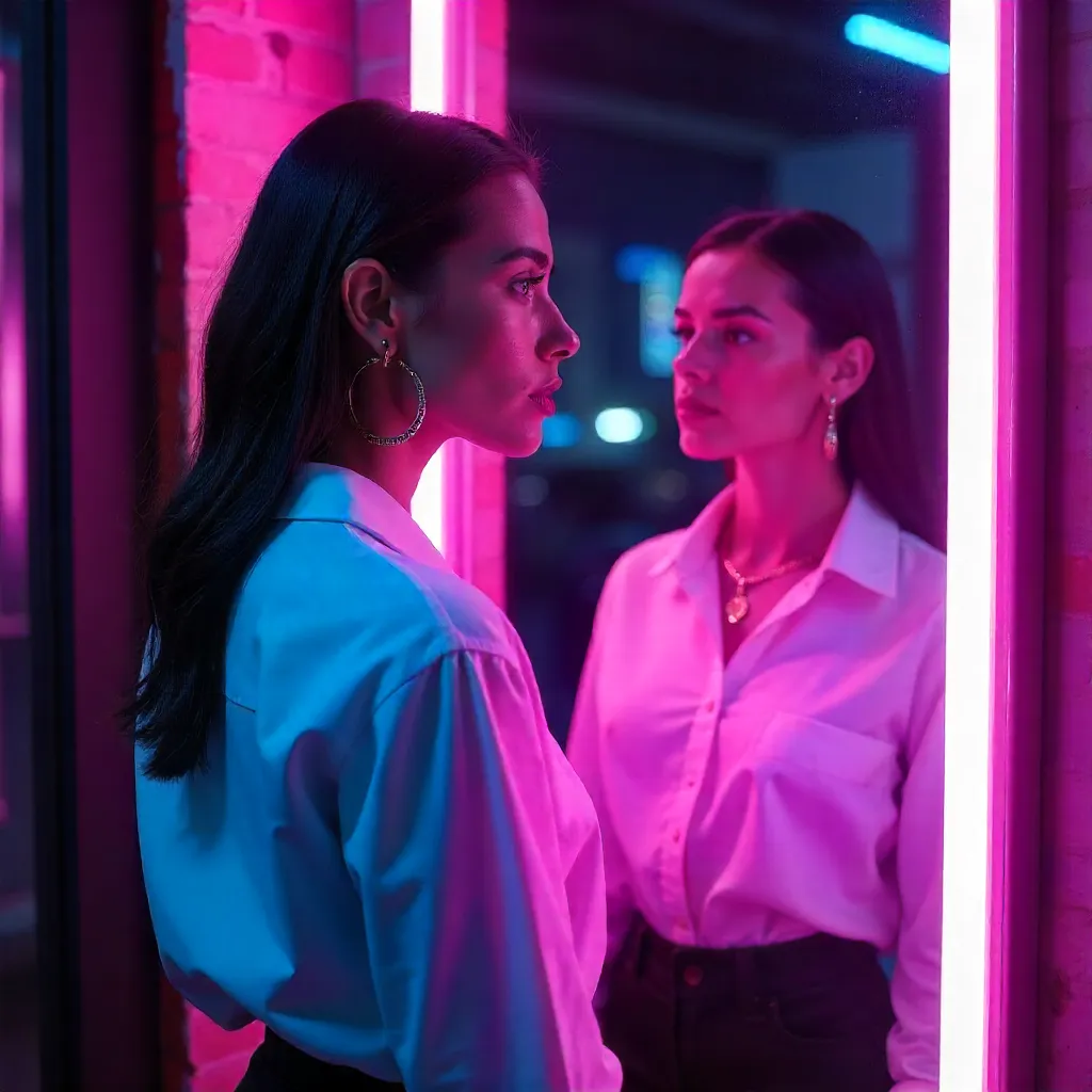 Neon Reflections: Urban Chic in a White Shirt