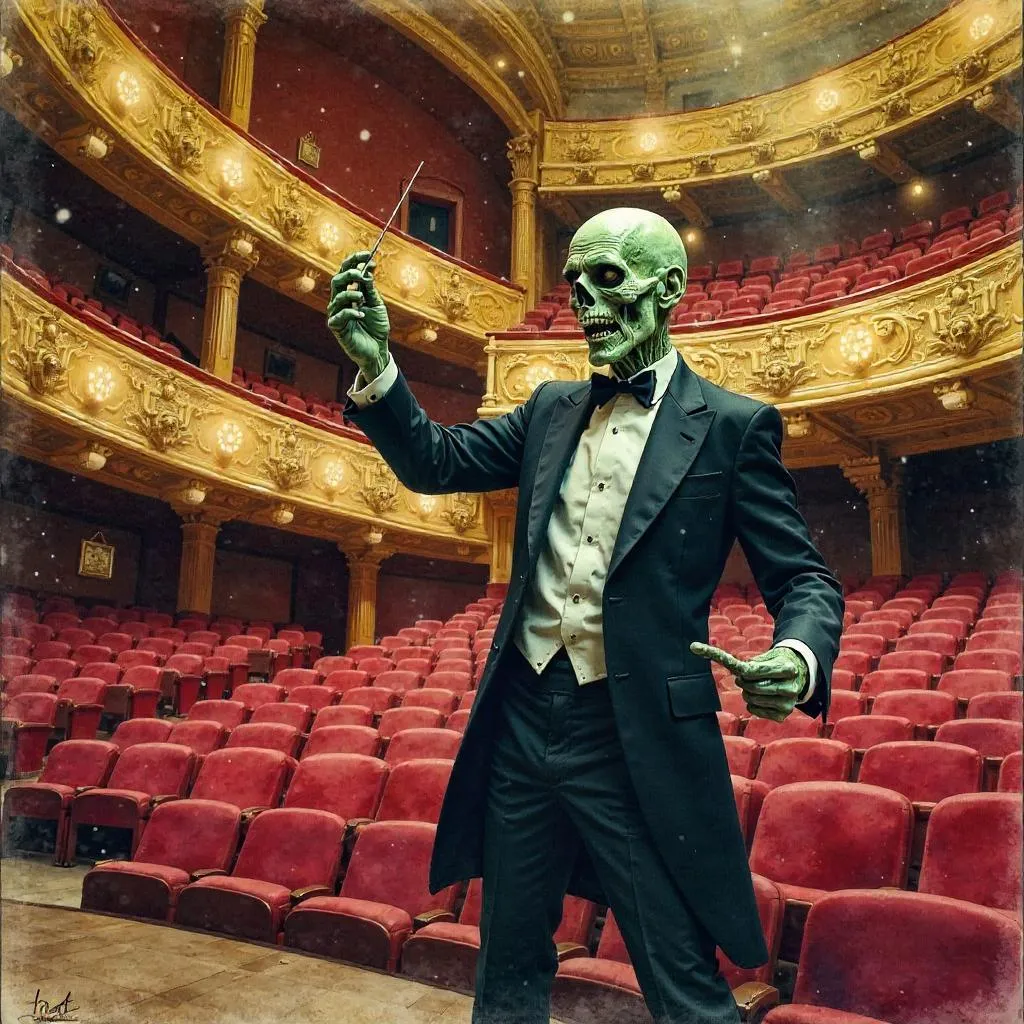 Watercolor Zombie Conductor in a Grand Concert Hall