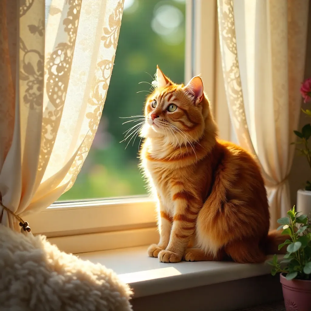 Sunlit Ginger Cat by Lace-Curtained Window