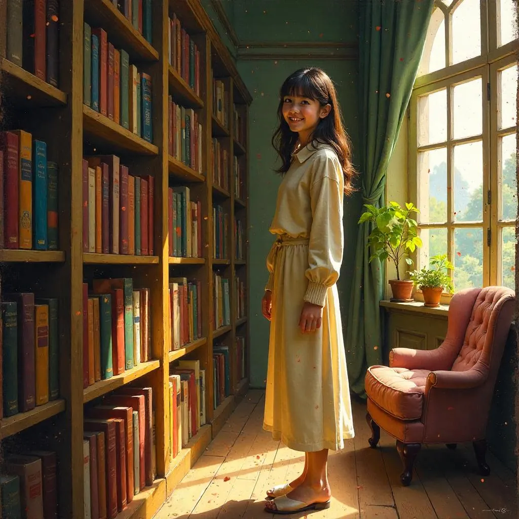 Cheerful White Girl in an Oil Painting Bookstore