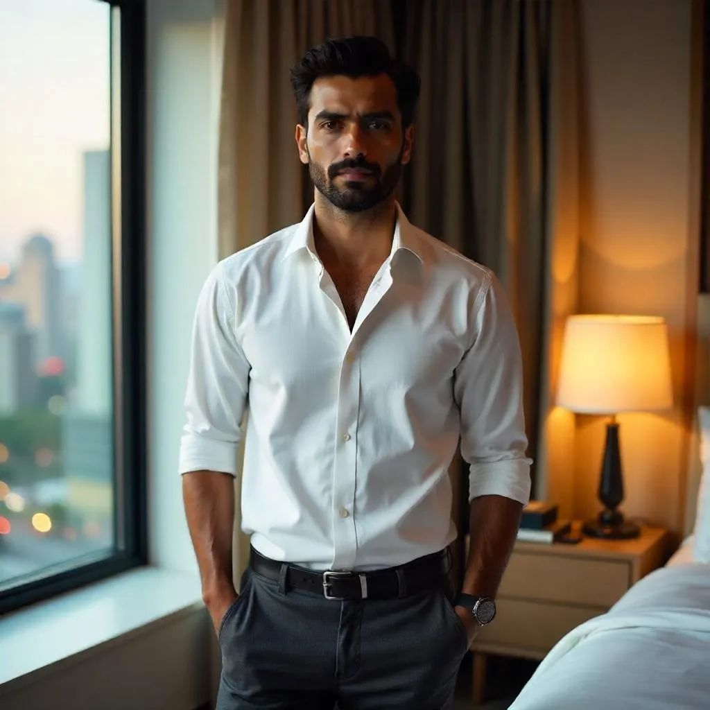 Handsome Indian Man in a Photorealistic Hotel Room