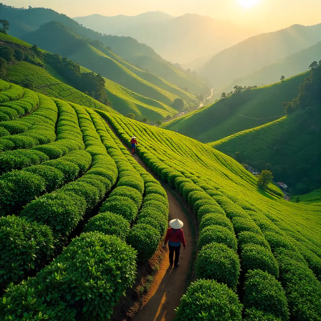 Aerial Tea Plantation: Emerald Rows and Workers